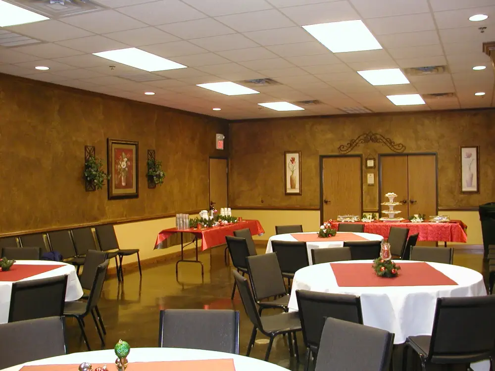 Reception hall with round tables